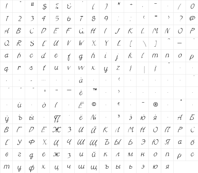 FreeHandCyr Italic  glyph index
