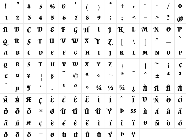 Almendra SC Bold  glyph index