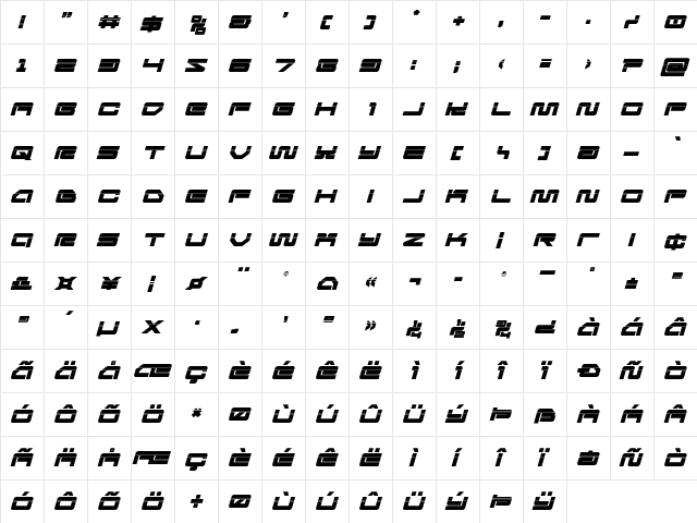 Ranger Force Laser Italic Regular  glyph index