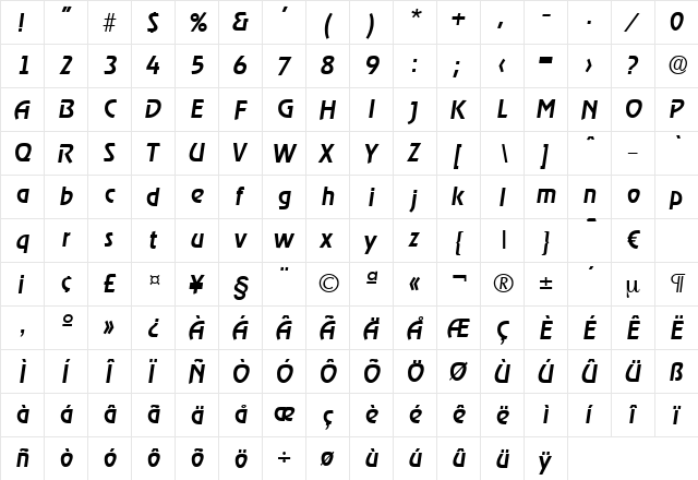 Ragtime-MediumIta Regular  glyph index