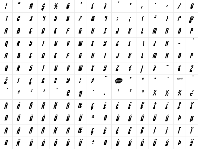 Eldebaran Condensed Italic Condensed Italic  glyph index