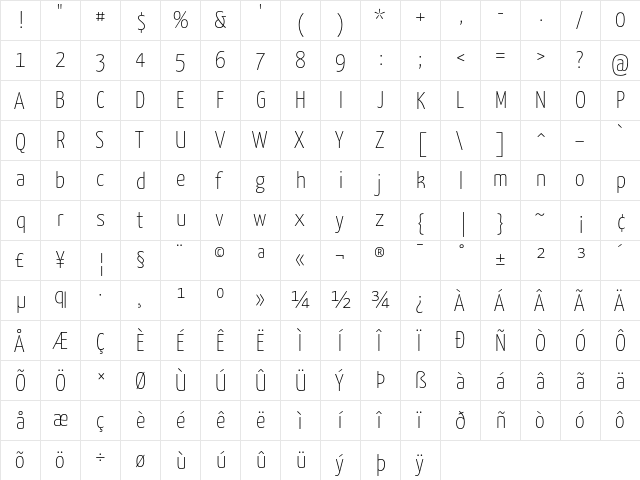 Yanone Kaffeesatz Thin  glyph index