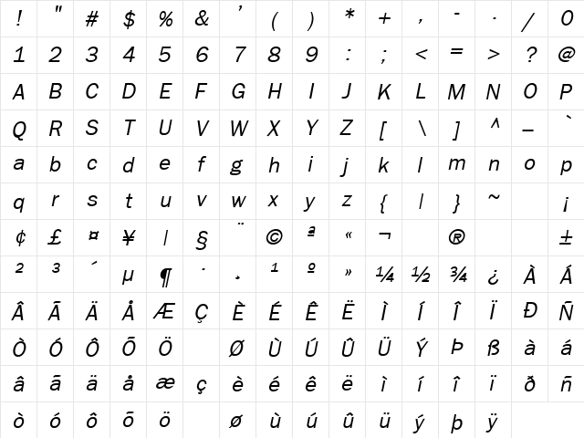 Moby Dick 11 Italic  glyph index