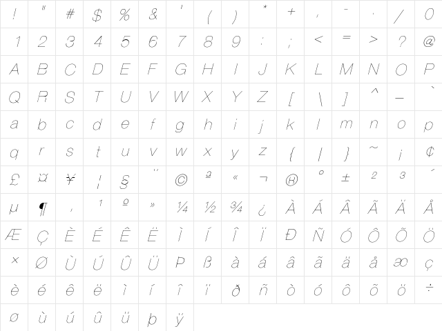 HelveticaObl-Thin Regular  glyph index