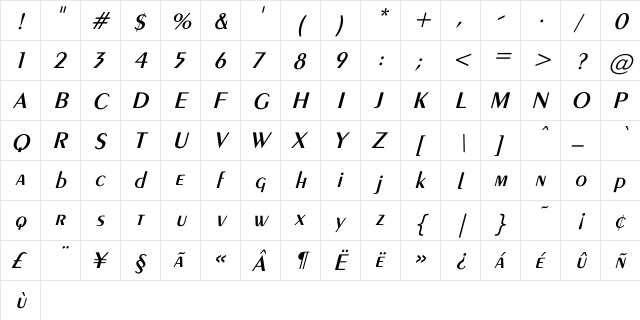 Exotic-Demi Itac Italic  glyph index