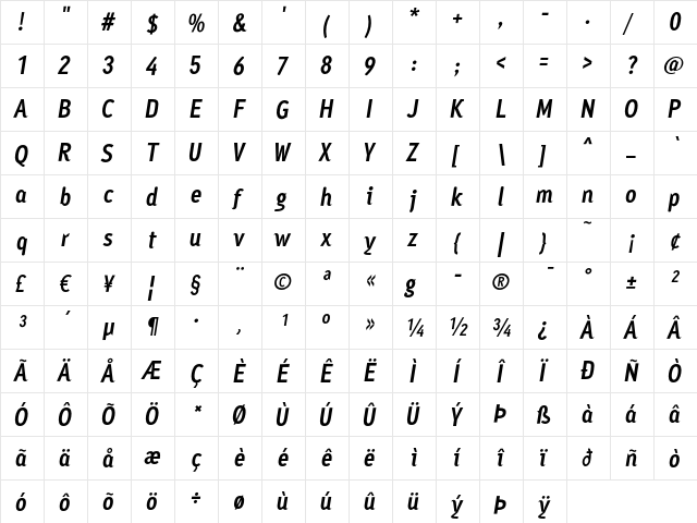 Ayumi Pro Bold Italic  glyph index