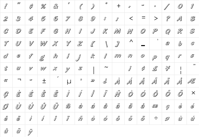 Highlight Std Regular  glyph index