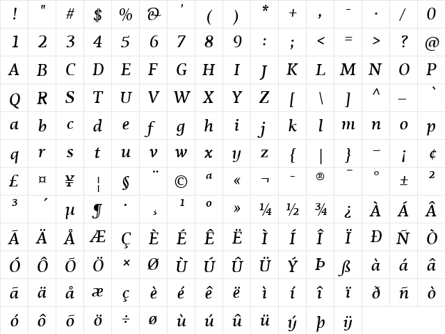 PF Agora Serif Pro Medium Italic  glyph index