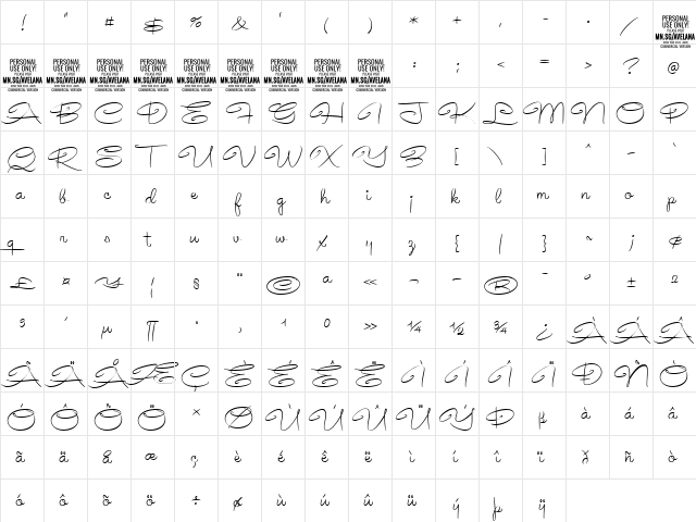 Avelana Thin PERSONAL USE Regular  glyph index