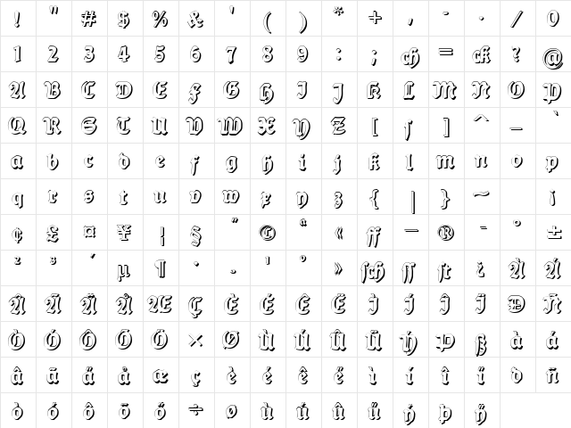 Ballade Shadow Regular  glyph index