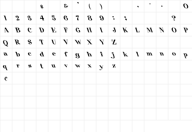Pixie Leftified Font Regular  glyph index
