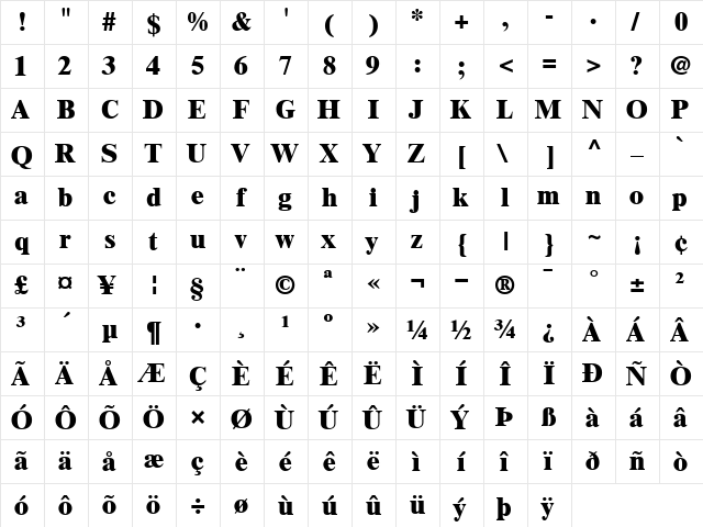 Times-ExtraBold Extra Bold  glyph index