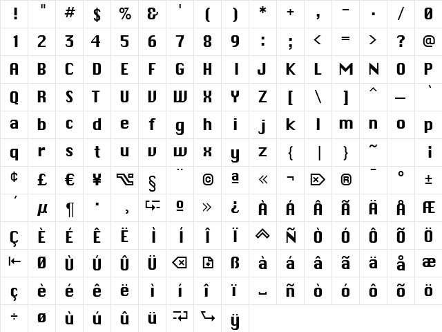 MacEnvy Regular  glyph index