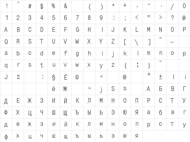 Ukrainian?MonoCondensed Regular  glyph index