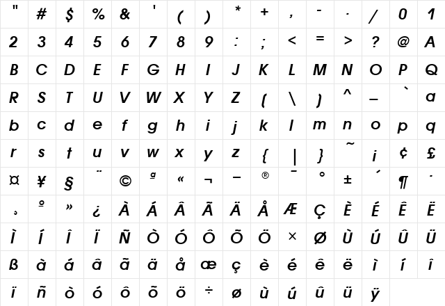 AvantGardeITC Italic  glyph index
