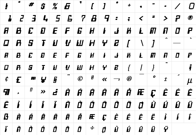 Keys Heavy Italic  glyph index