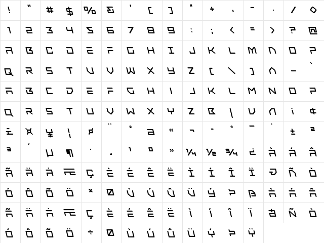 Tempest Apache Leftalic Italic  glyph index