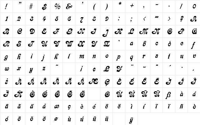 Calligraphia Regular  glyph index