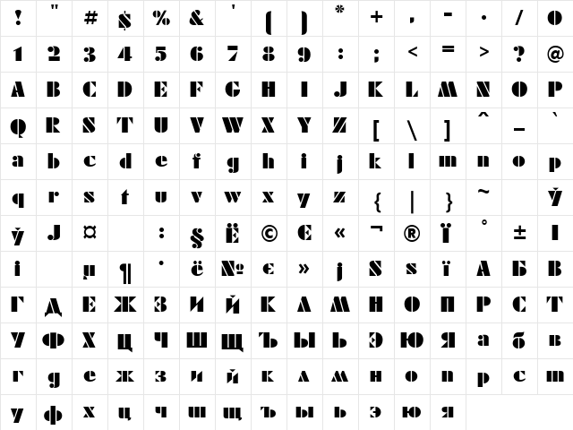 FuturaEugenia Cyrillic  glyph index