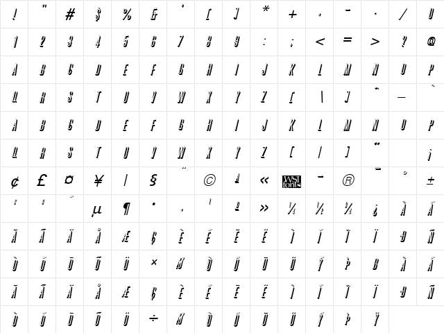 GreatShadow Italic  glyph index