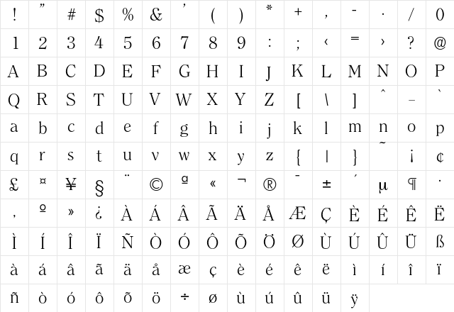 Clerface-Light Regular  glyph index