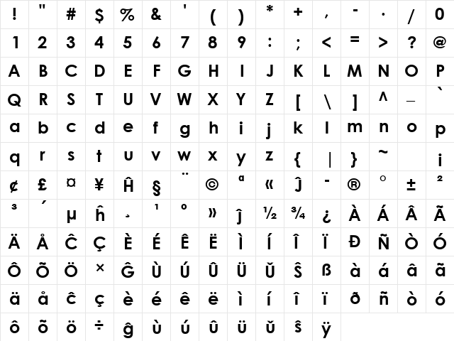Century Gothic Eo Bold  glyph index