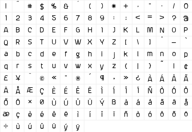 Attac Regular  glyph index