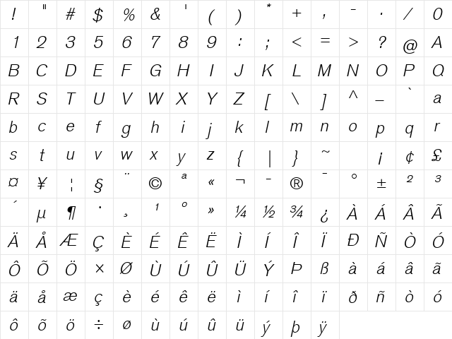 Basic Commercial LT Com Light Italic  glyph index