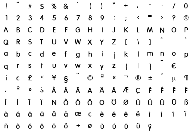 Volkswagen-Medium Regular  glyph index