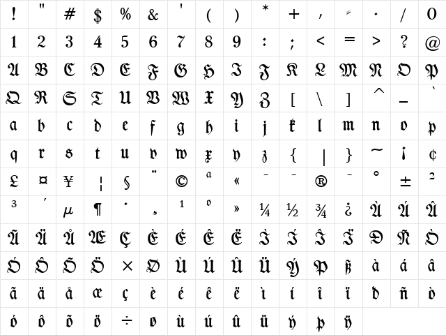 TypographerFraktur UNZ1 Medium  glyph index