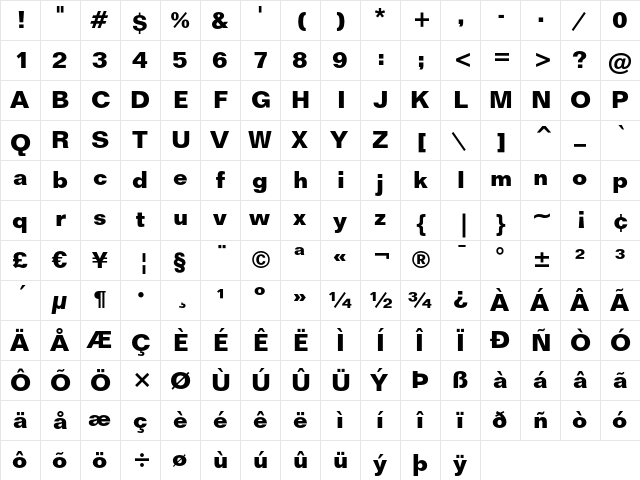 Folio Bold  glyph index