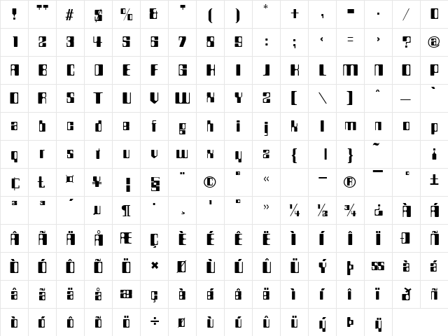 Techno Regular  glyph index