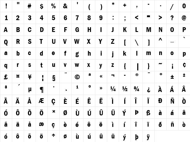 ITCFranklinGothic LT BookCn Bold  glyph index