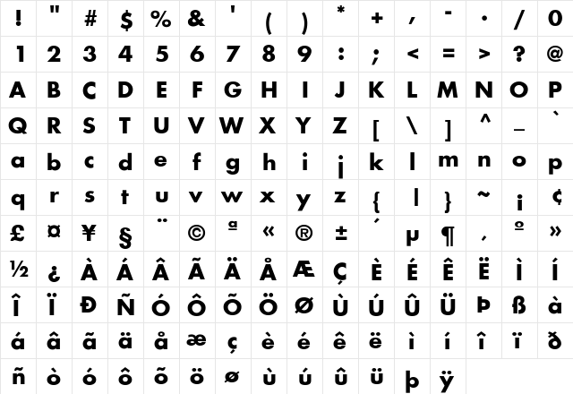 Futura-Bold Regular  glyph index