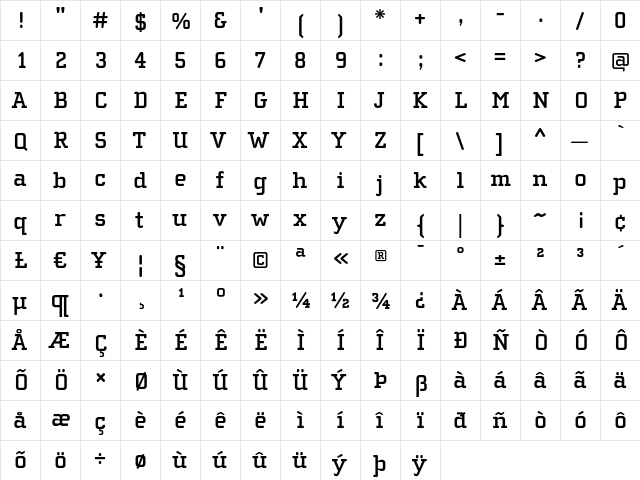 ChollaSlab Bold  glyph index