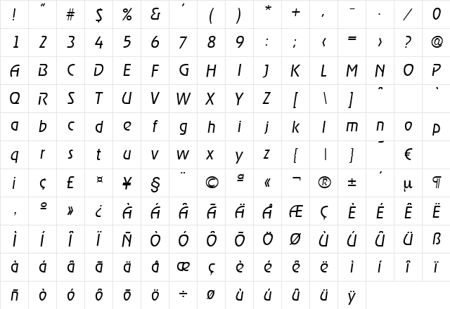 Ragtime-LightIta Regular  glyph index