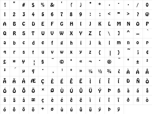 Hobo D Regular  glyph index