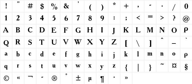 AcademyC Bold  glyph index