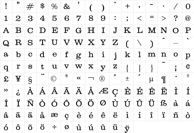 Clarion Book  glyph index
