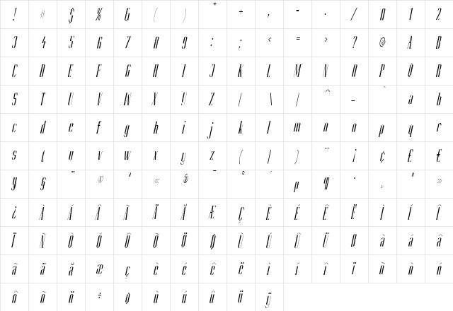 Slim Kim Light Italic  glyph index