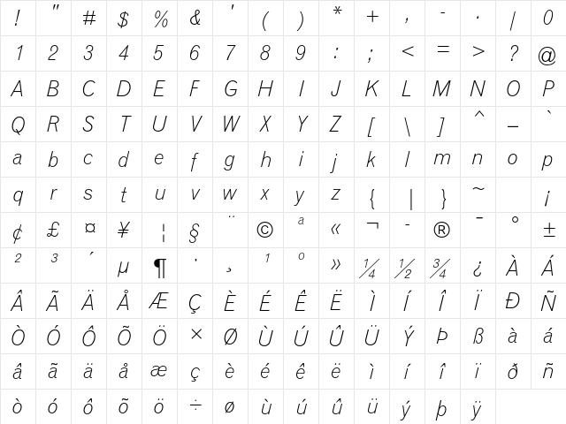 Grotesque MT Std Light Italic  glyph index