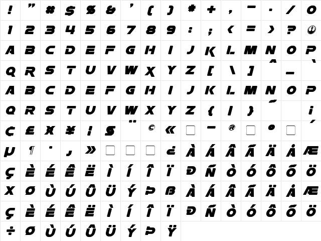 Rebellion Italic  glyph index