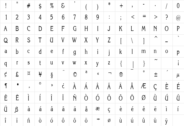 KatrinaCondensed Regular  glyph index
