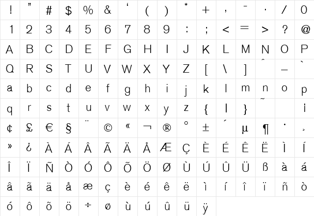 A750-Sans-Light Regular  glyph index