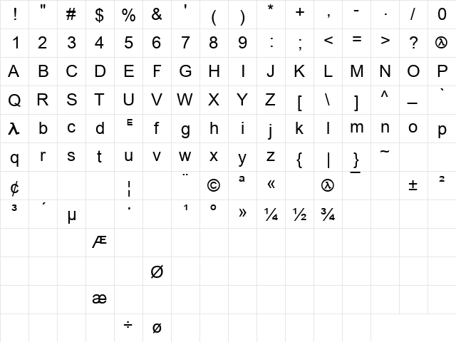 HalfLife Regular  glyph index