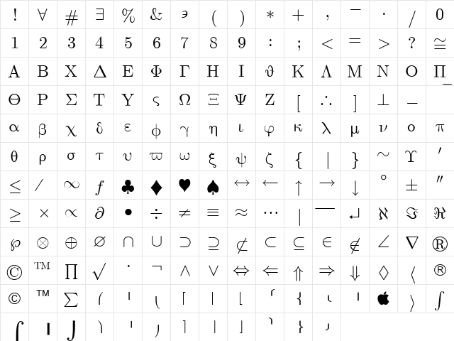 Euclid Symbol Regular  glyph index