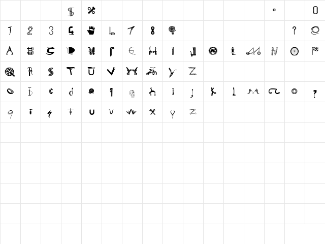 Monster Bike Regular  glyph index