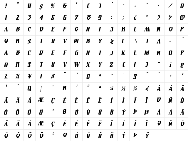 Eternal Knight Condensed Italic Condensed Italic  glyph index