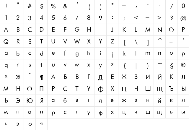 Futura_Book-Normal Regular  glyph index