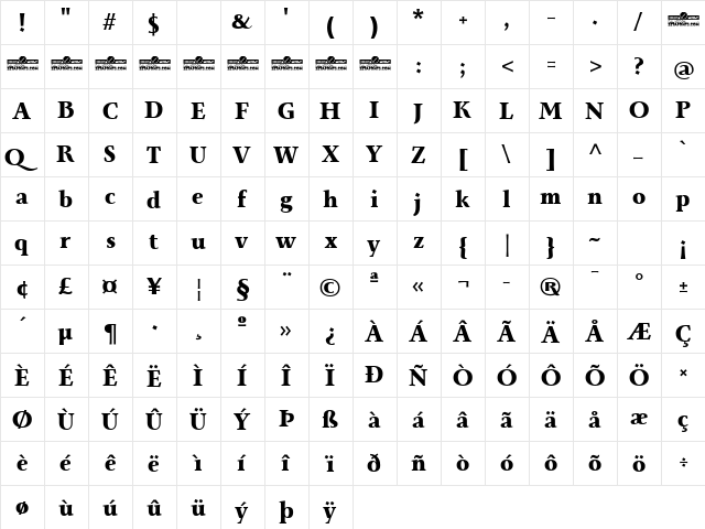 Monterchi Serif Trial Extrabold  glyph index